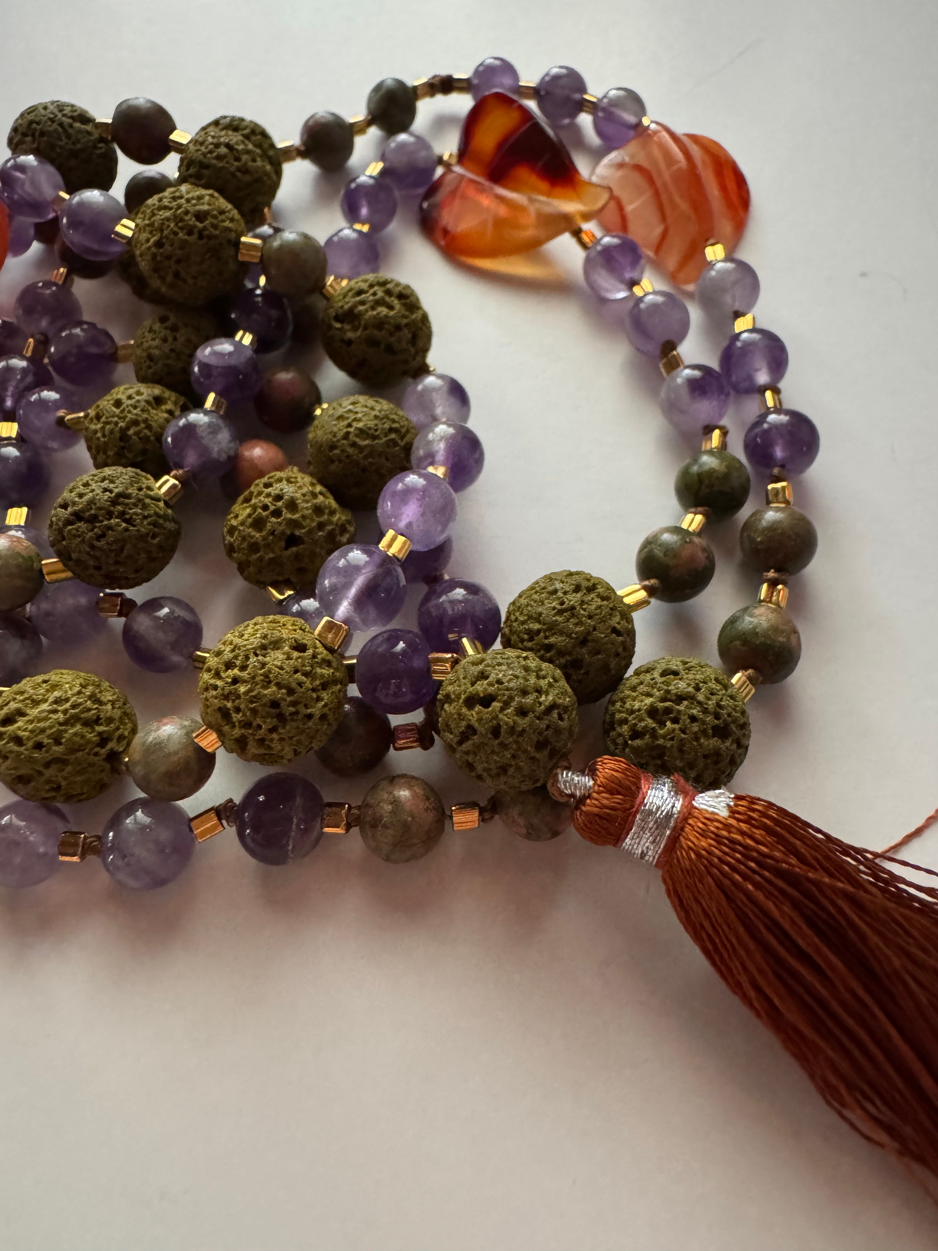 Amethyst, Carnelian, Lava Bead Mala