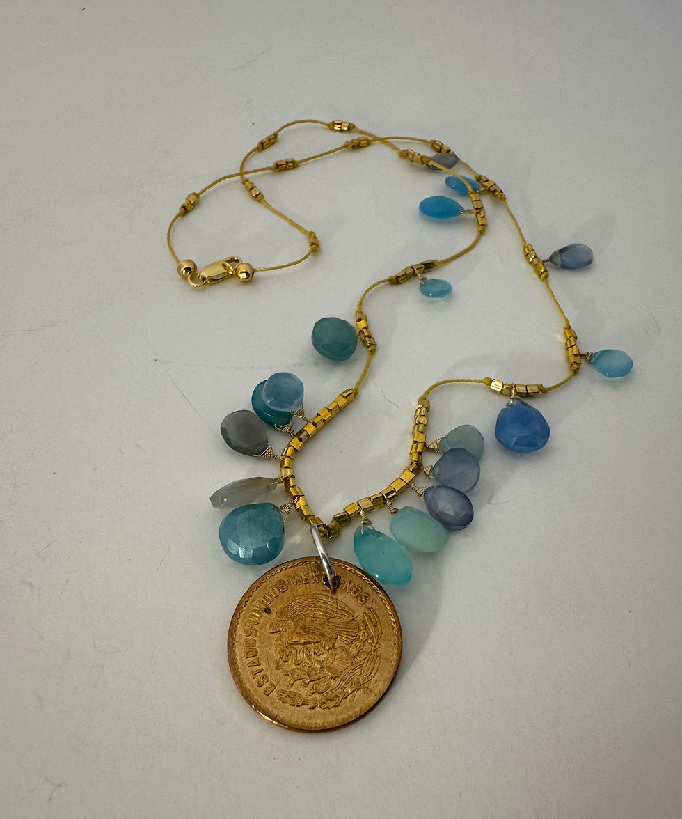 Thumbnail: Azul Cinco — 1943 Mexican 5 Centavos Gold Coin Necklace with 18 Blue Chalcedony