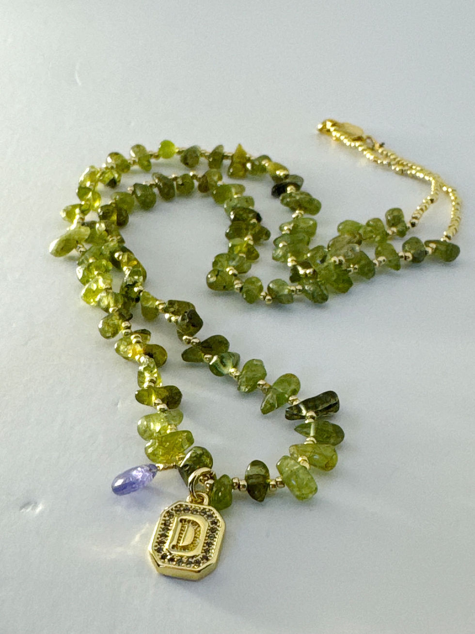 Thumbnail: D Pendant Necklace — 18kt Gold-Plated "D" - Tanzanite and Peridot Beads