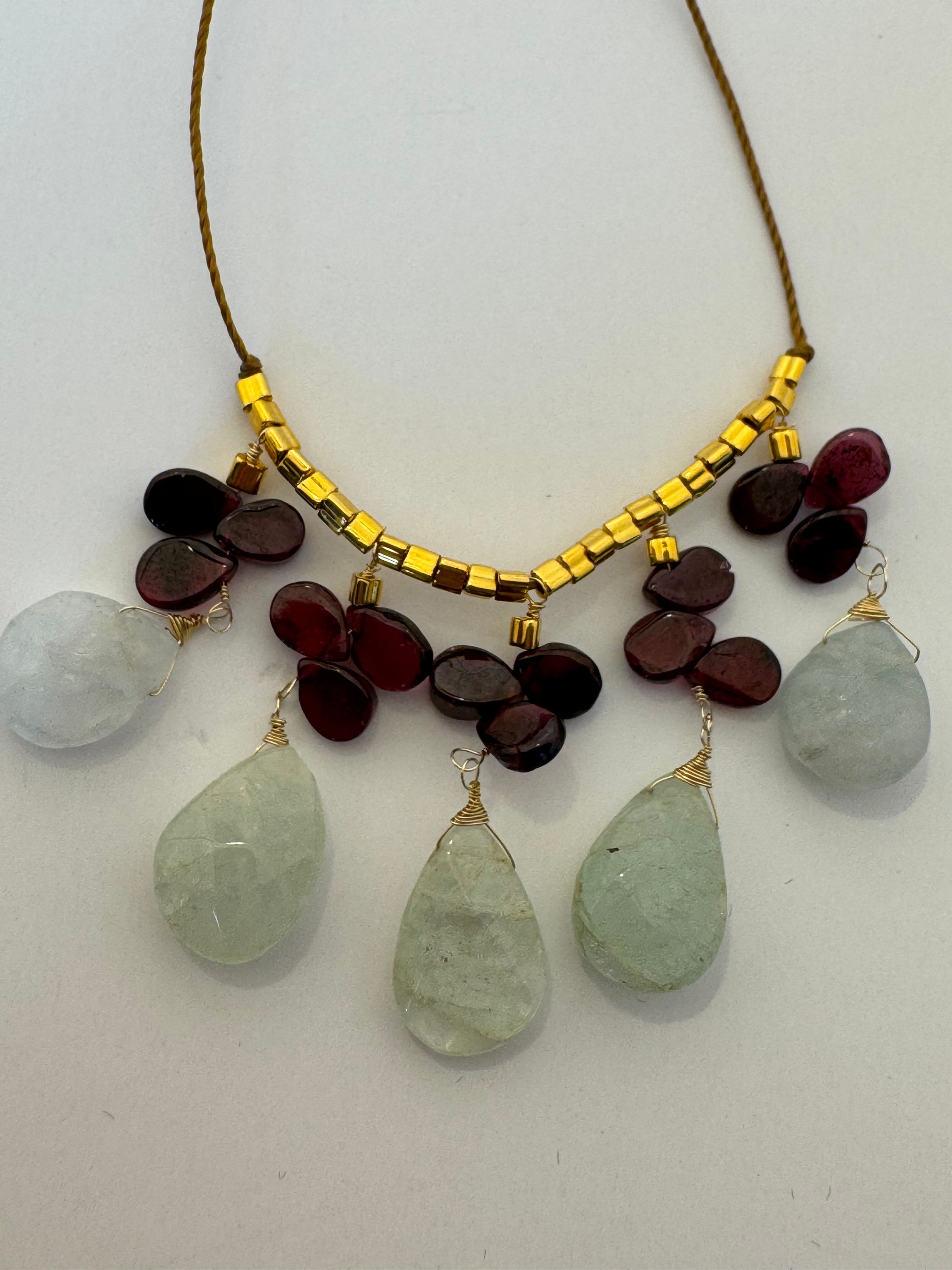 Soft Blue Aquamarine and Garnet Flower Drop