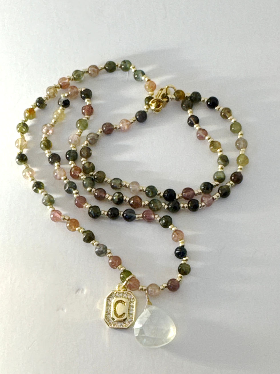Thumbnail: C Pendant Necklace — 18kt Gold-Plated "C" - Teal Chalcedony and Tourmaline