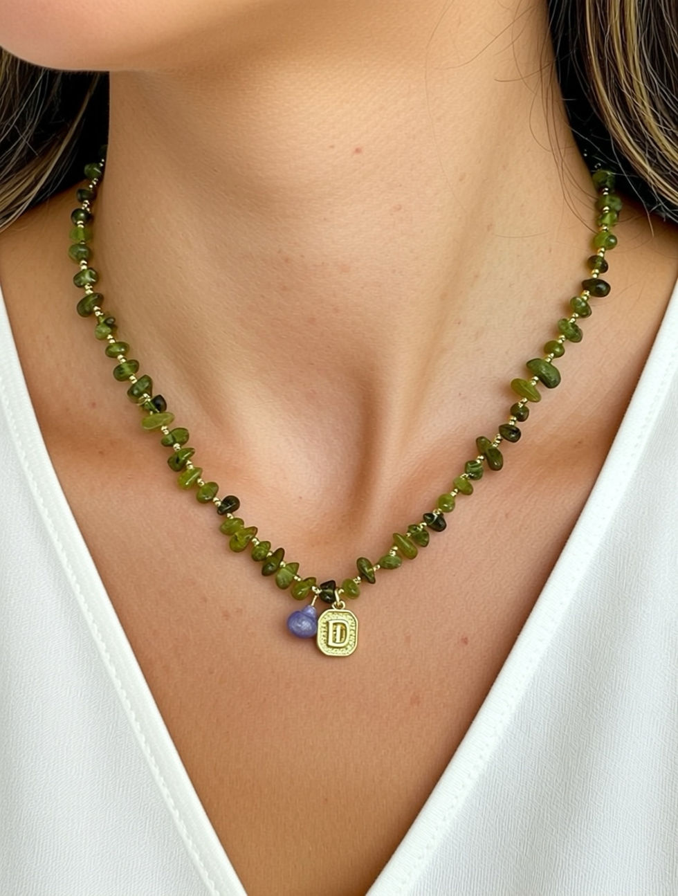 Thumbnail: D Pendant Necklace — 18kt Gold-Plated "D" - Tanzanite and Peridot Beads