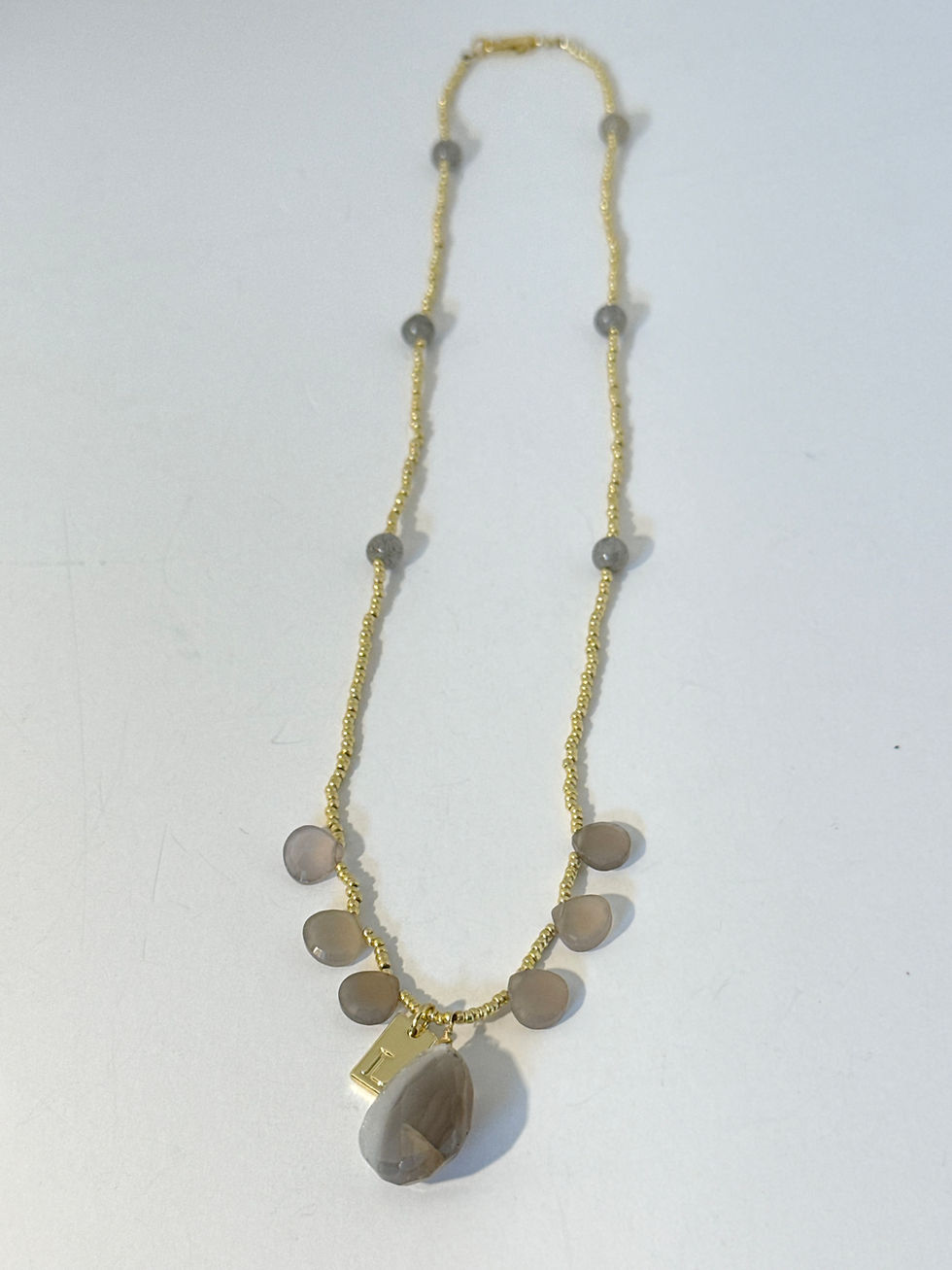 Thumbnail: L Pendant Necklace — 18kt Gold-Plated "L" - Moonstone, Labradorite and Grey Chal