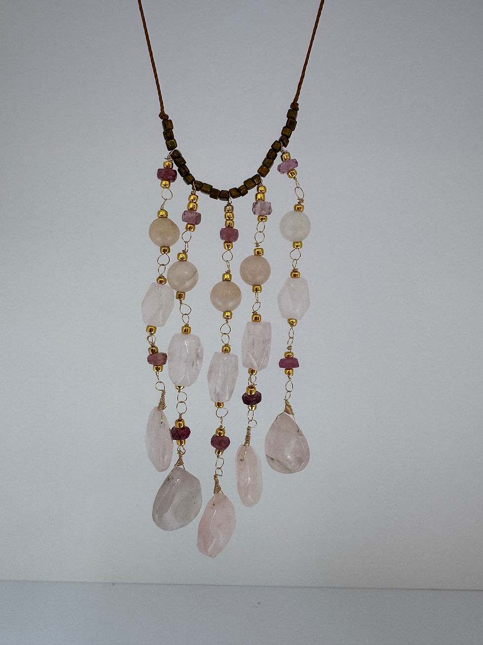 Thumbnail: Rose Quartz and Tourmaline 5‑Strand Bead Drape Necklace