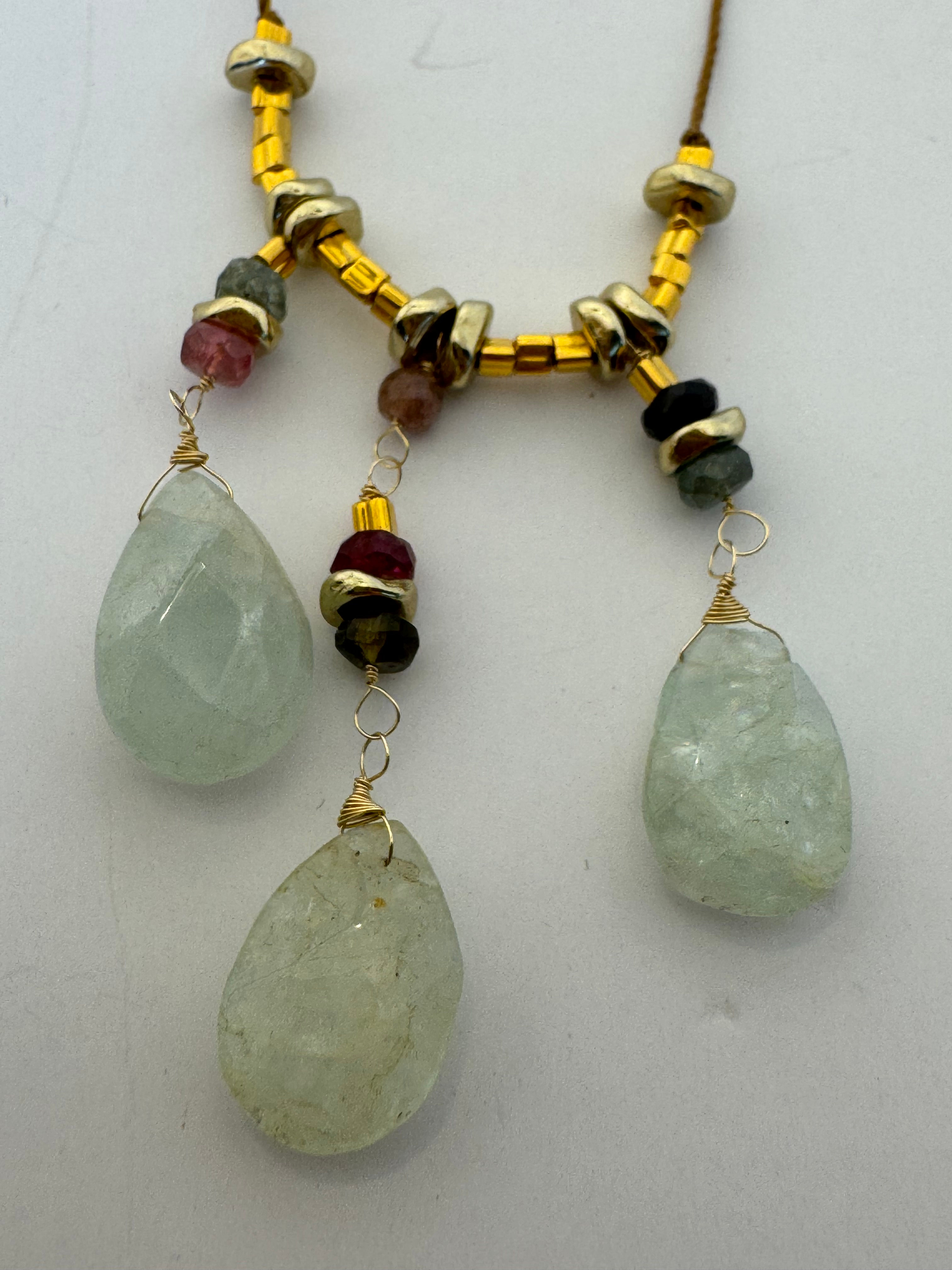 Aquamarine, Rainbow (Pink) Tourmaline Three‑Strand Drop Necklace