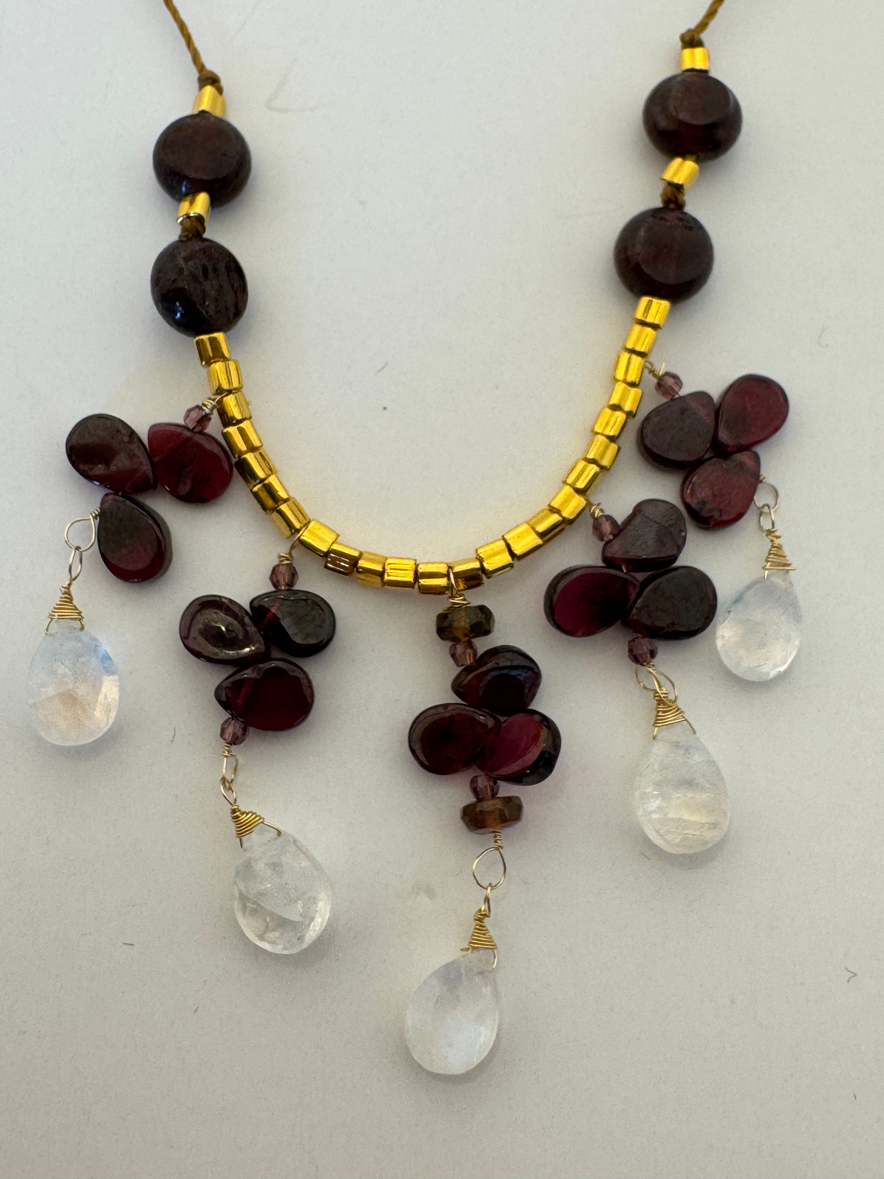 Rainbow Moonstone and Garnet Flower Drop
