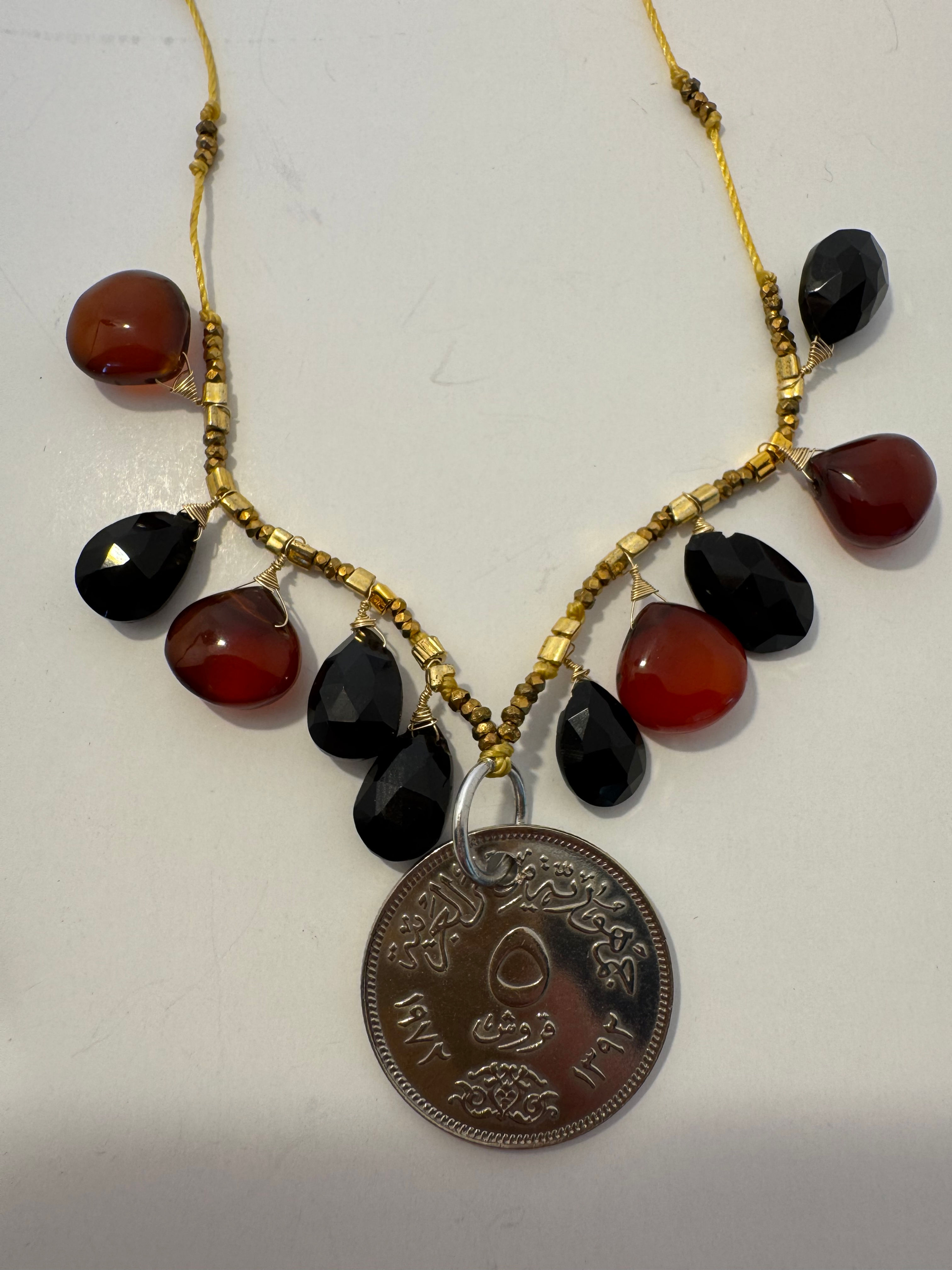 Egyptian 5 Piastres Necklace — Amber and Black Onyx / Flag Colors