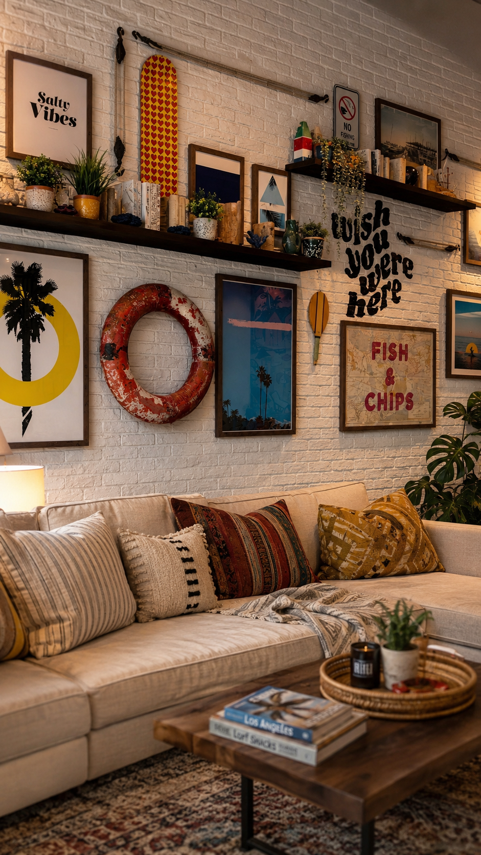 Coastal-inspired vacation rental living room with a curated selfie wall featuring beach decor, framed artwork, floating shelves, and a cozy sectional sofa designed to create a memorable guest experience and boost direct booking appeal.