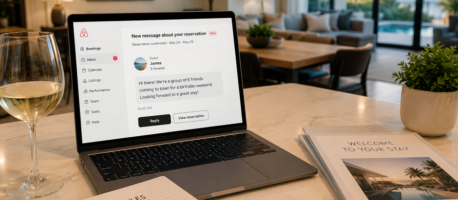 Modern vacation rental workspace with Airbnb reservation message open on laptop beside guest screening checklist inside a luxury short-term rental with coastal views.