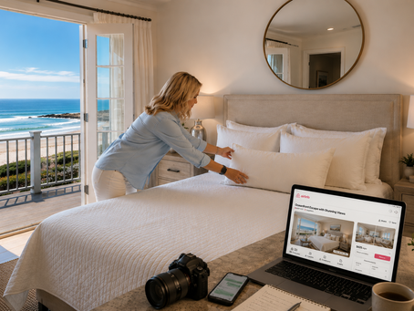 Professional short-term rental manager preparing a luxury coastal vacation rental for guests, highlighting hospitality standards, property oversight, and elevated guest experience.