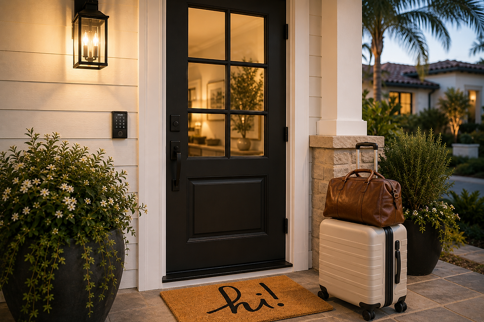 Airbnb entry door and welcome mat at a Ventura beach short-term rental, highlighting guest experience and vacation rental performance
