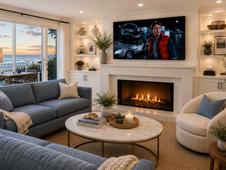 Upscale coastal Airbnb living room with blue-toned sofas, marble coffee table, fireplace, ocean-view balcony, and a movie playing on the television, designed to create a warm and inviting luxury vacation rental atmosphere.