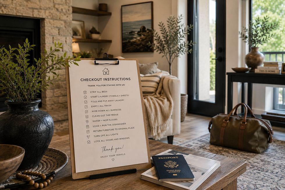 Modern Airbnb living room with an oversized checkout instruction list displayed on a coffee table beside a guest passport and travel bag, highlighting excessive checkout expectations in short-term rentals.