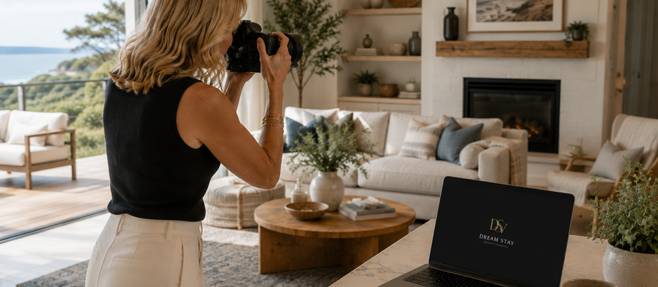 Professional Property manager photographing a luxury vacation rental interior.