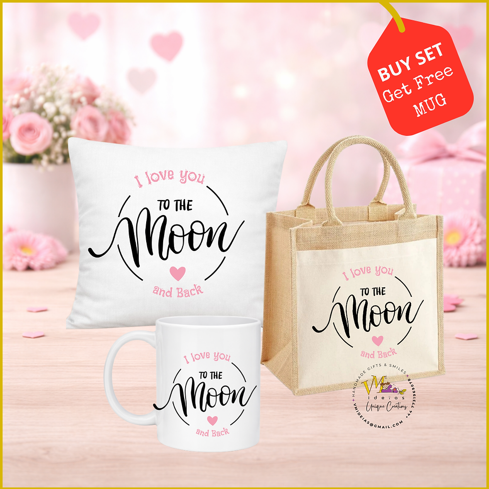 Thumbnail: personalised cushion tote bag and mug set gift bundle close up