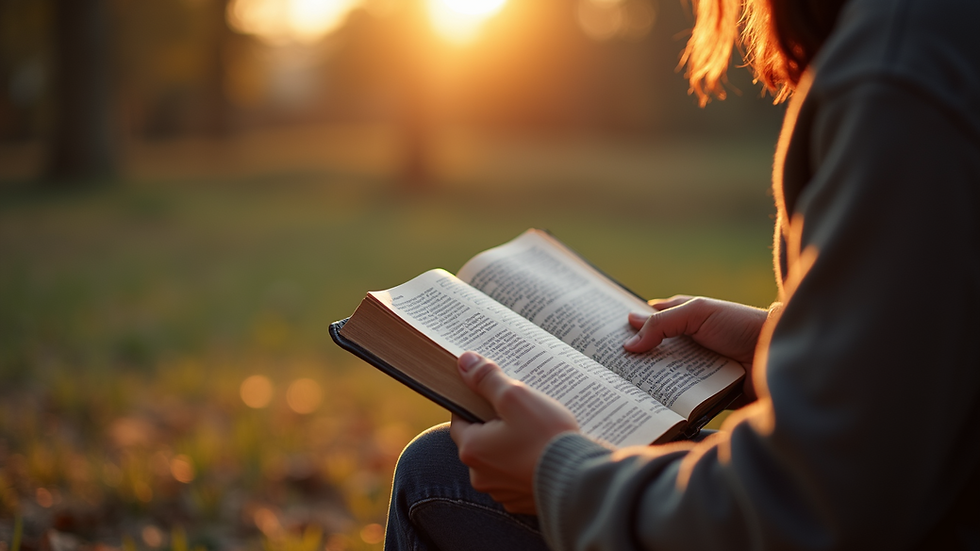 Eye-level view of a person reading the Bible in a peaceful setting