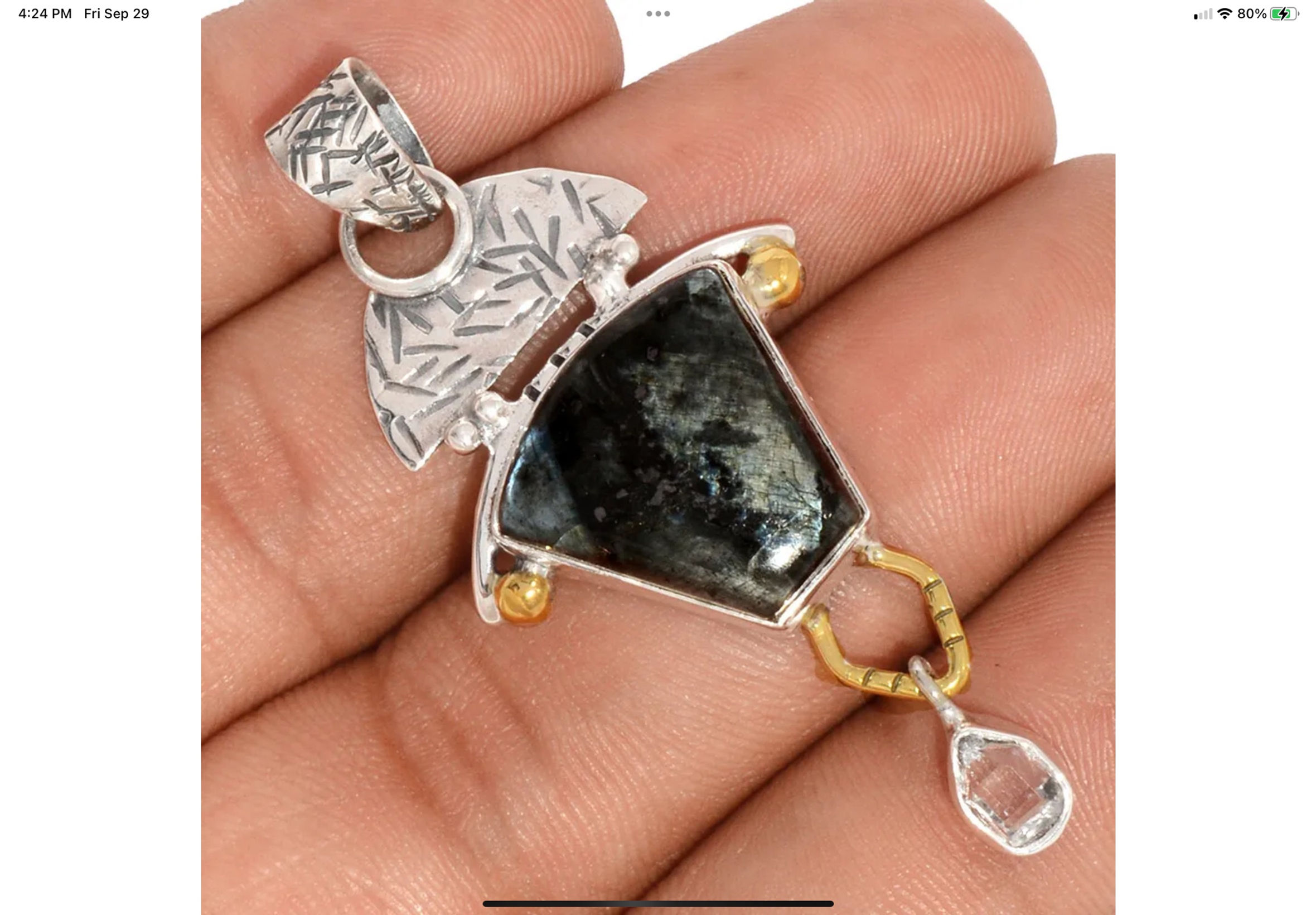 Larvikite with Herkimer Diamond Two Tone Sterling Silver Pendant