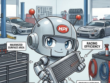 PROTO, the HPI mascot, showcasing the HPI EVOLVE Oil Cooler in a performance garage with sports cars like GR86 and Nissan Z.