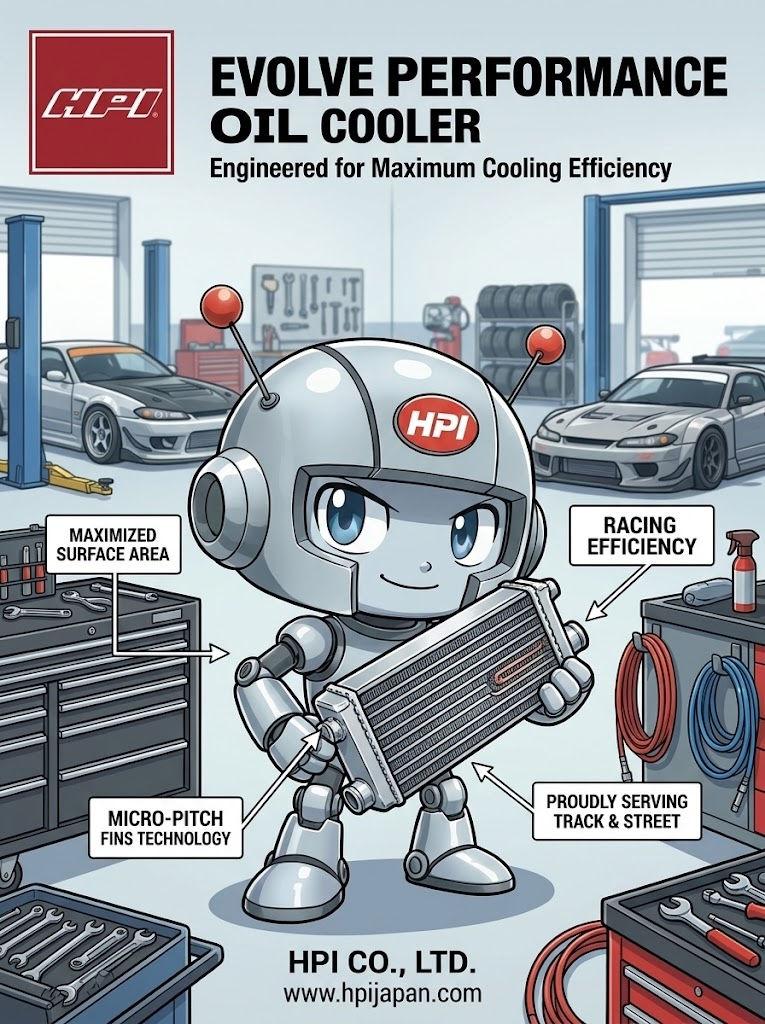 PROTO, the HPI mascot, showcasing the HPI EVOLVE Oil Cooler in a performance garage with sports cars like GR86 and Nissan Z.
