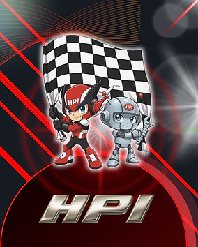 HPI mascot characters Ace and Proto with checkered flag