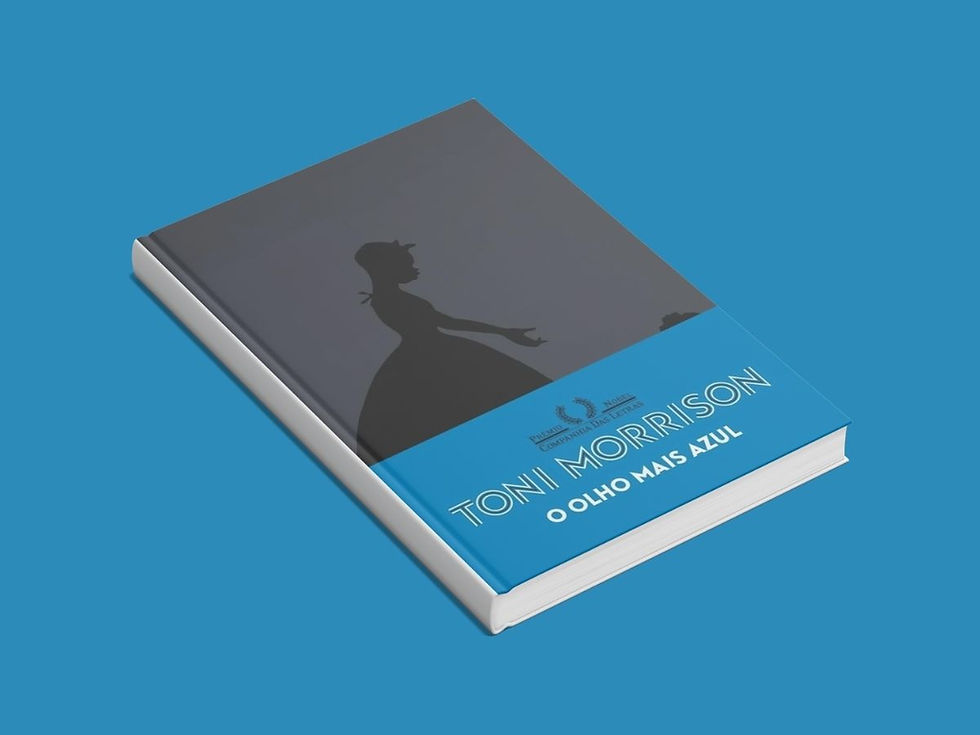 Capa do livro O Olho Mais Azul, de Toni Morrison, com fundo azul e silhueta de menina em vestido, evocando a infância e os temas de identidade e exclusão.