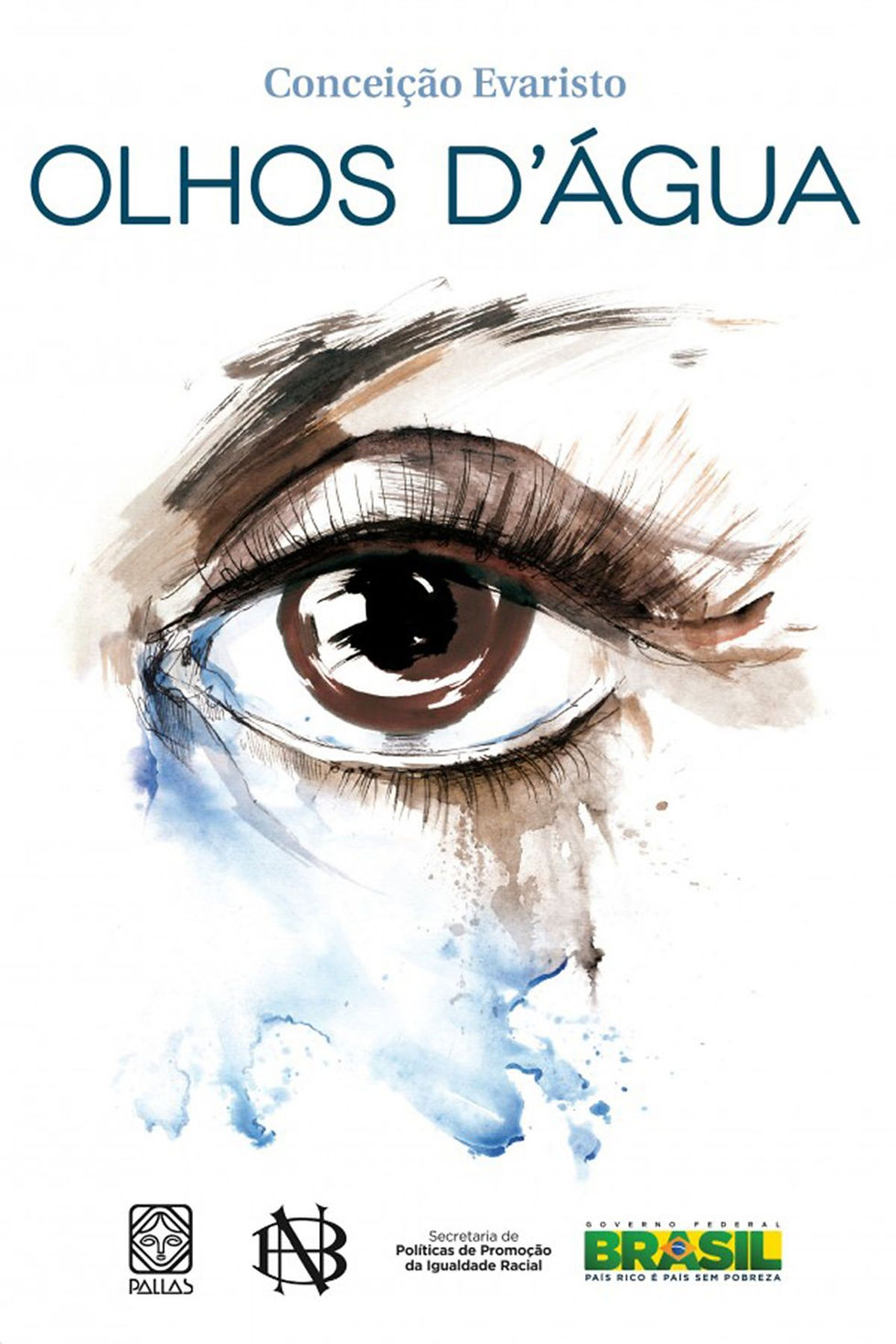 Capa do livro Olhos d’Água, de Conceição Evaristo, com ilustração artística de um olho feminino em tons de marrom, preto e azul sobre fundo branco.