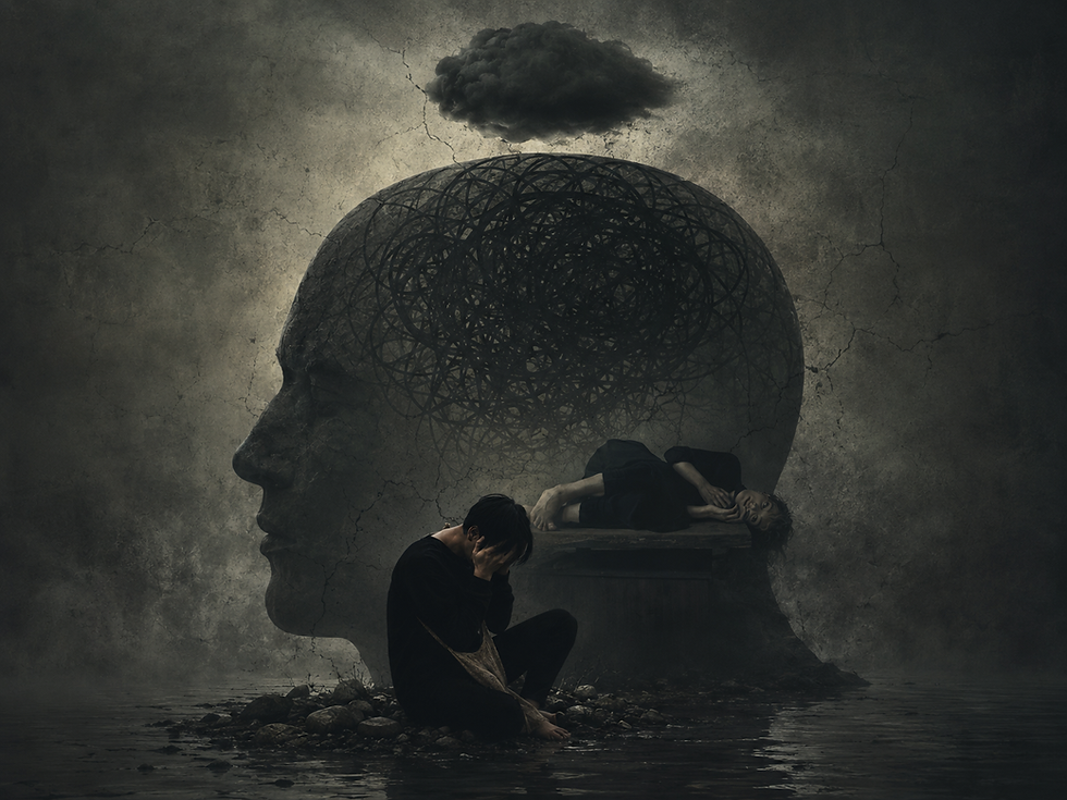 Ilustração surrealista em tons escuros e acinzentados mostrando uma enorme silhueta humana de perfil formada por rachaduras e traços caóticos, simbolizando conflito psicológico e trauma emocional. Dentro da cabeça, uma figura deitada sobre uma mesa em posição fetal transmite sofrimento e vulnerabilidade. Em primeiro plano, outra pessoa vestida de preto está sentada sobre pedras, cobrindo o rosto com as mãos em gesto de desespero. Acima da cabeça, uma nuvem negra paira no ar, reforçando a atmosfera de ansiedade, depressão e angústia emocional. A cena possui iluminação sombria, textura desgastada e estética cinematográfica melancólica.