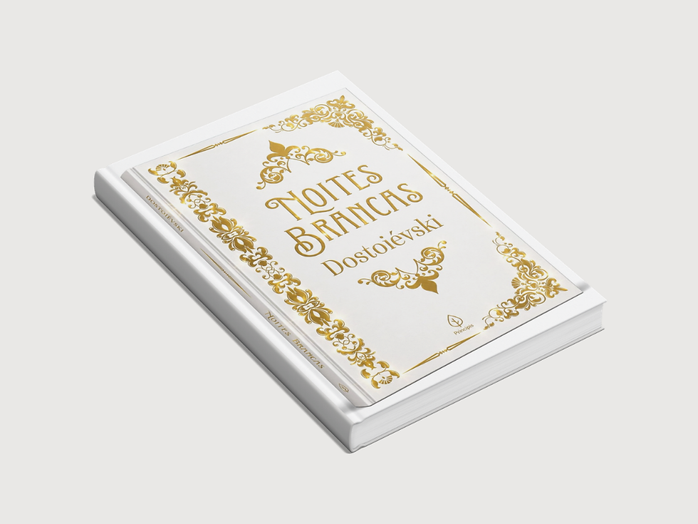 Mockup em perspectiva da edição de capa dura de Noites Brancas, de Fiódor Dostoiévski, com capa branca ornamentada em dourado sobre fundo cinza-claro minimalista.