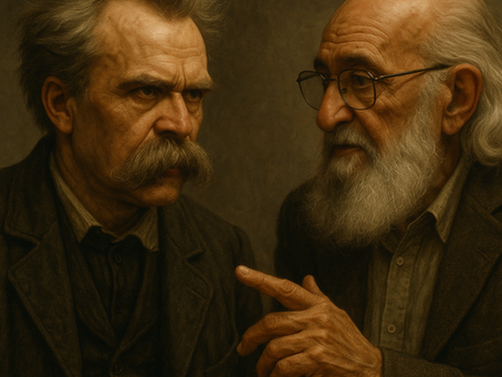 Fotografia realista de dois homens idosos lado a lado, representando Friedrich Nietzsche e Paulo Freire. O homem à esquerda possui feições severas, bigode espesso e veste escura, remetendo à imagem clássica de Nietzsche. À direita, o homem tem expressão acolhedora, barba grisalha, óculos e veste uma camisa simples, evocando a figura de Paulo Freire. O fundo é neutro, com iluminação suave, reforçando o contraste simbólico entre a crítica filosófica existencial de Nietzsche e a pedagogia libertadora de Freire.