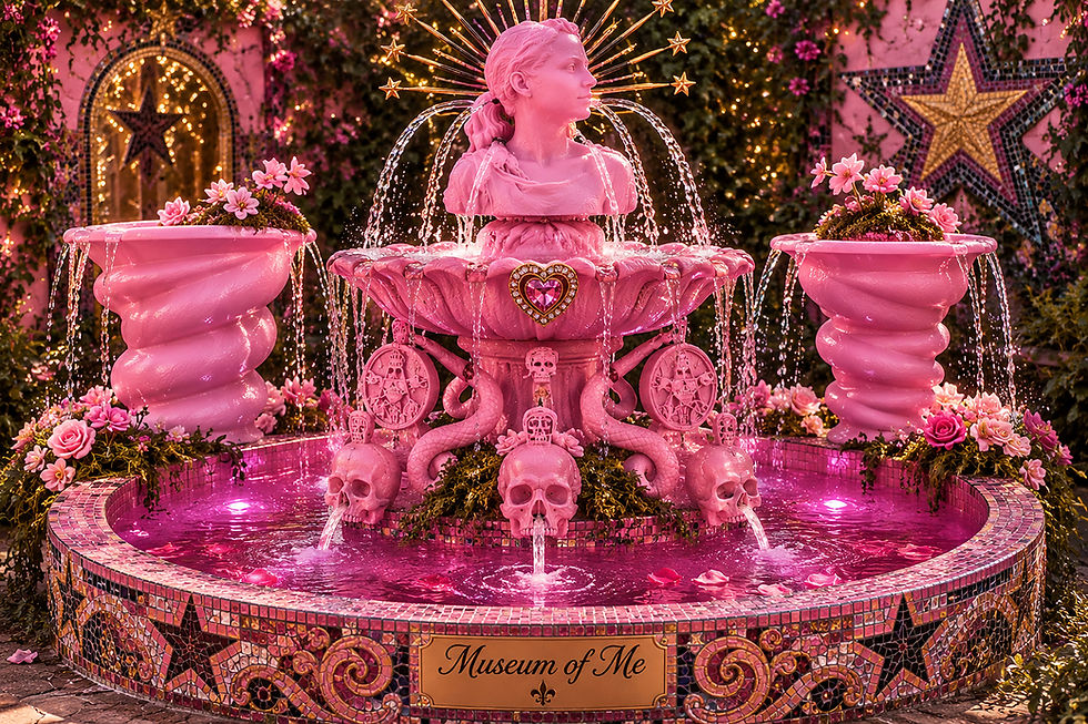 Pink 3D printed fountain with skulls and bust sculpture.
