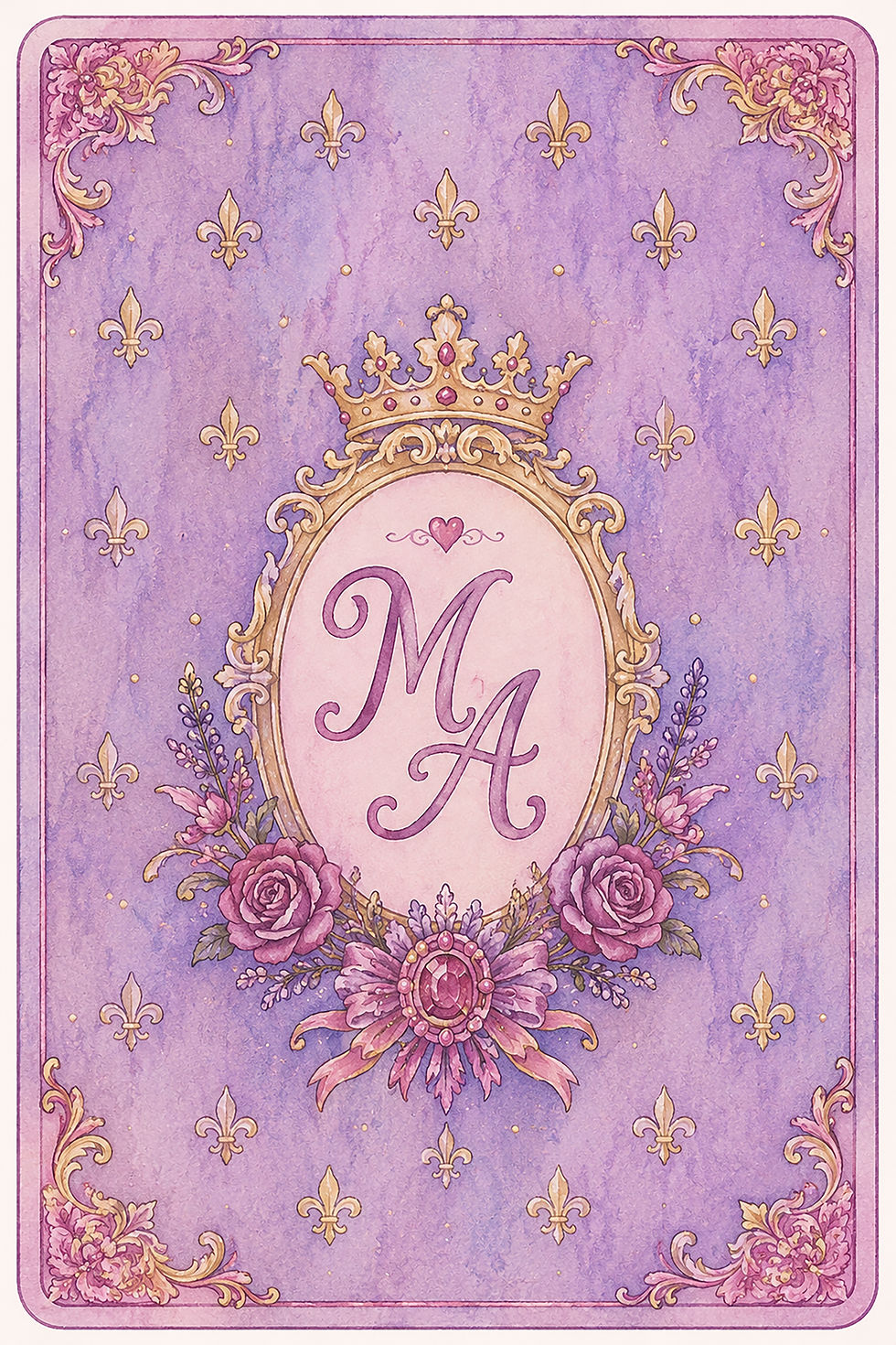 Back of a Marie Antoinette Watercolor Tarot card with MA monogram