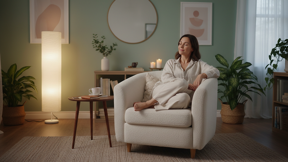 Eye-level view of a calm therapy room with a comfortable chair and soft lighting