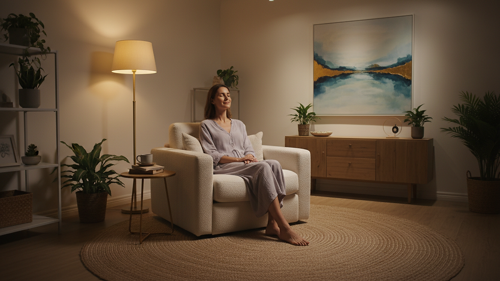 Eye-level view of a calm therapy room with a comfortable chair and soft lighting
