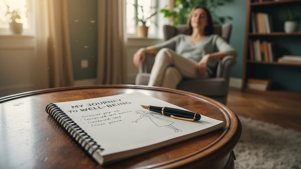 Close-up view of a notebook and pen on a wooden table during a hypnotherapy session