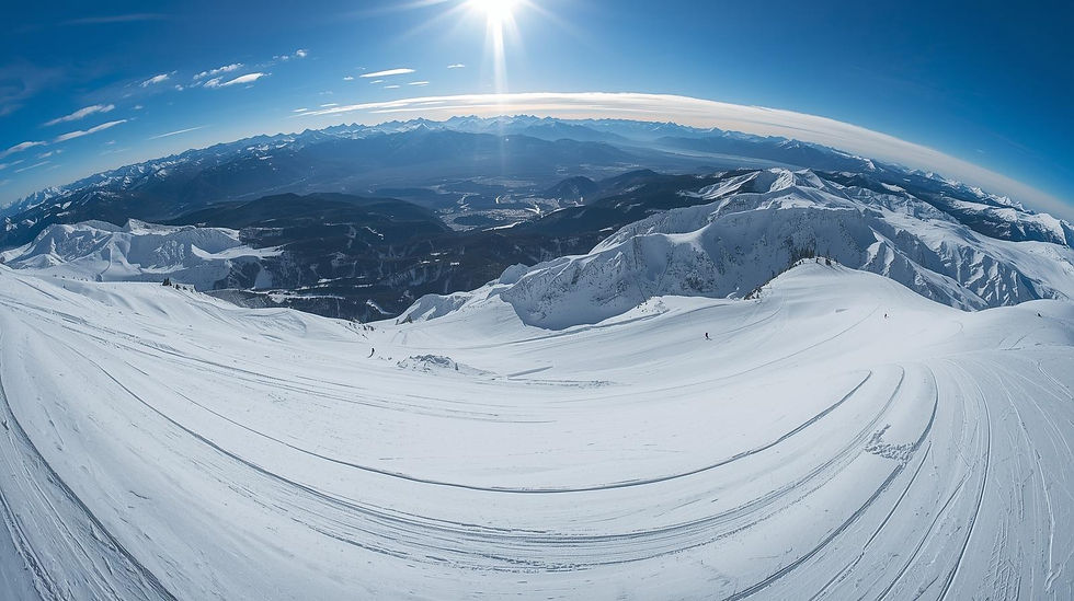 Snowshoers on a path near a snowy mountain with a city skyline. Colorful mural and crowded venue. Pink sunset sky enhances the mood.