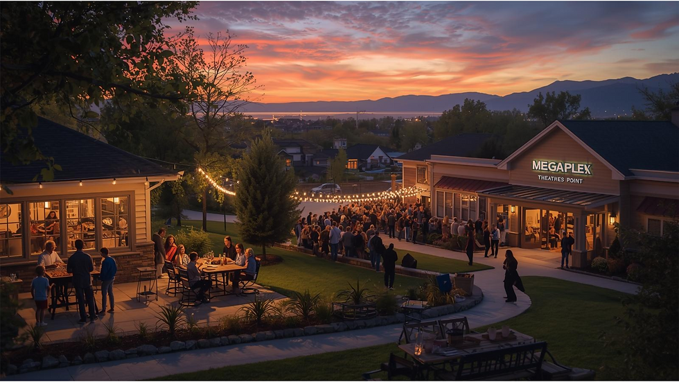 People dine outdoors in a lively market street with stalls and musicians. Mountain backdrop, colorful mural on brick building, vibrant mood.