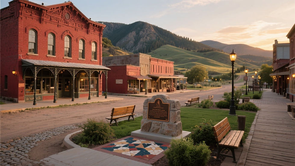 People stroll through a vibrant street with colorful buildings and murals. A park leads to a grand capitol building under a blue sky.