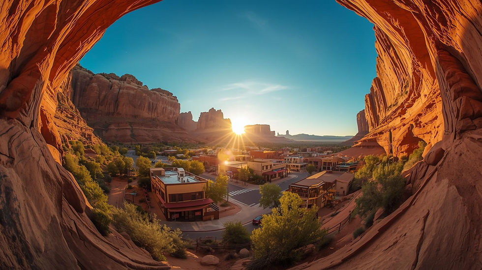 Snowshoers on a path near a snowy mountain with a city skyline. Colorful mural and crowded venue. Pink sunset sky enhances the mood.