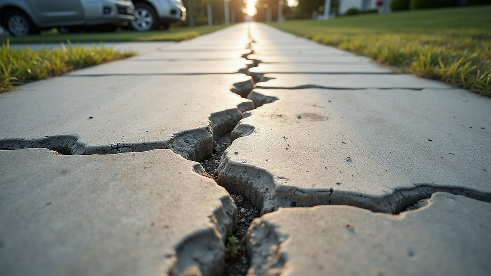 High angle view of cracked and damaged concrete driveway needing repair