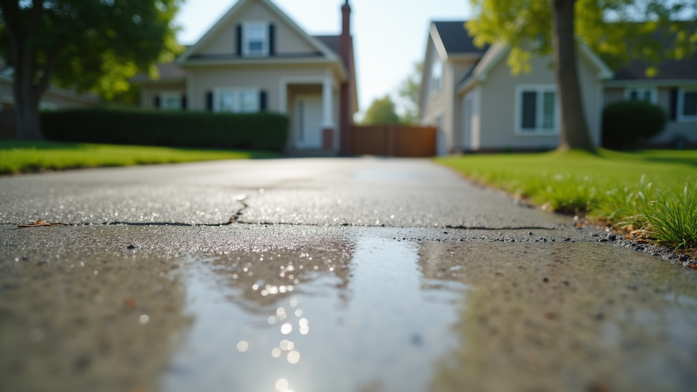 Eye-level view of a freshly poured concrete driveway in a residential area