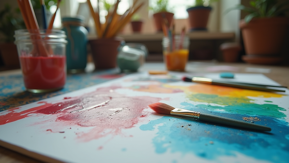 Eye-level view of an artist's workspace filled with colorful paints and brushes