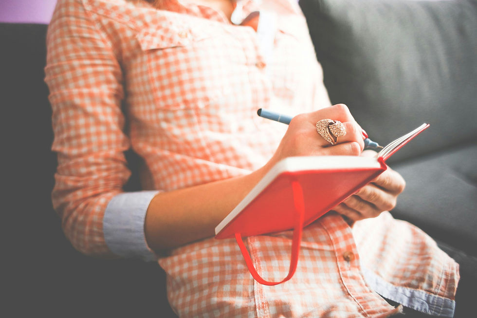 Person in a peach plaid shirt writes in a red notebook with a blue pen, sitting on a gray couch. Mood is relaxed and thoughtful.