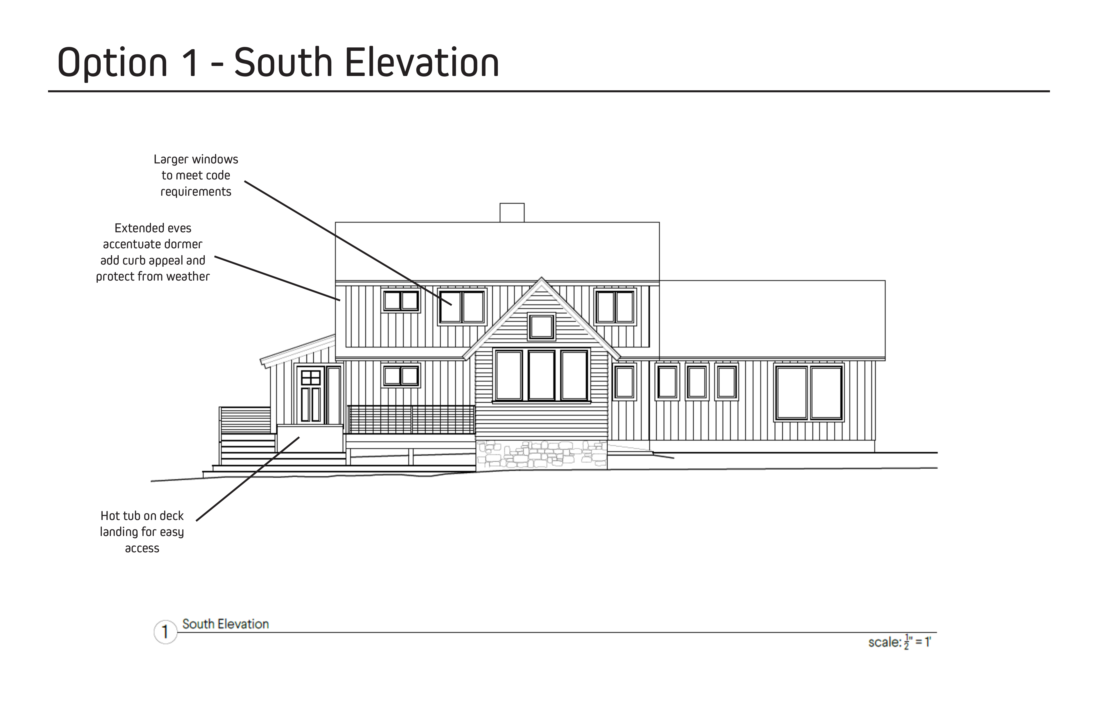 South elevation schematic showing proposed window, roof and deck design for a Hudson Design and Build in-house renovation study.