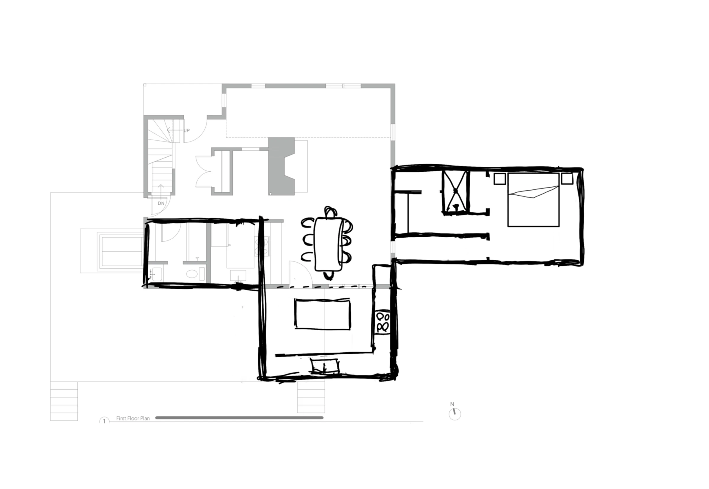 Early Killington hand sketch exploring a kitchen extension and a separate primary suite beside the existing floor plan.