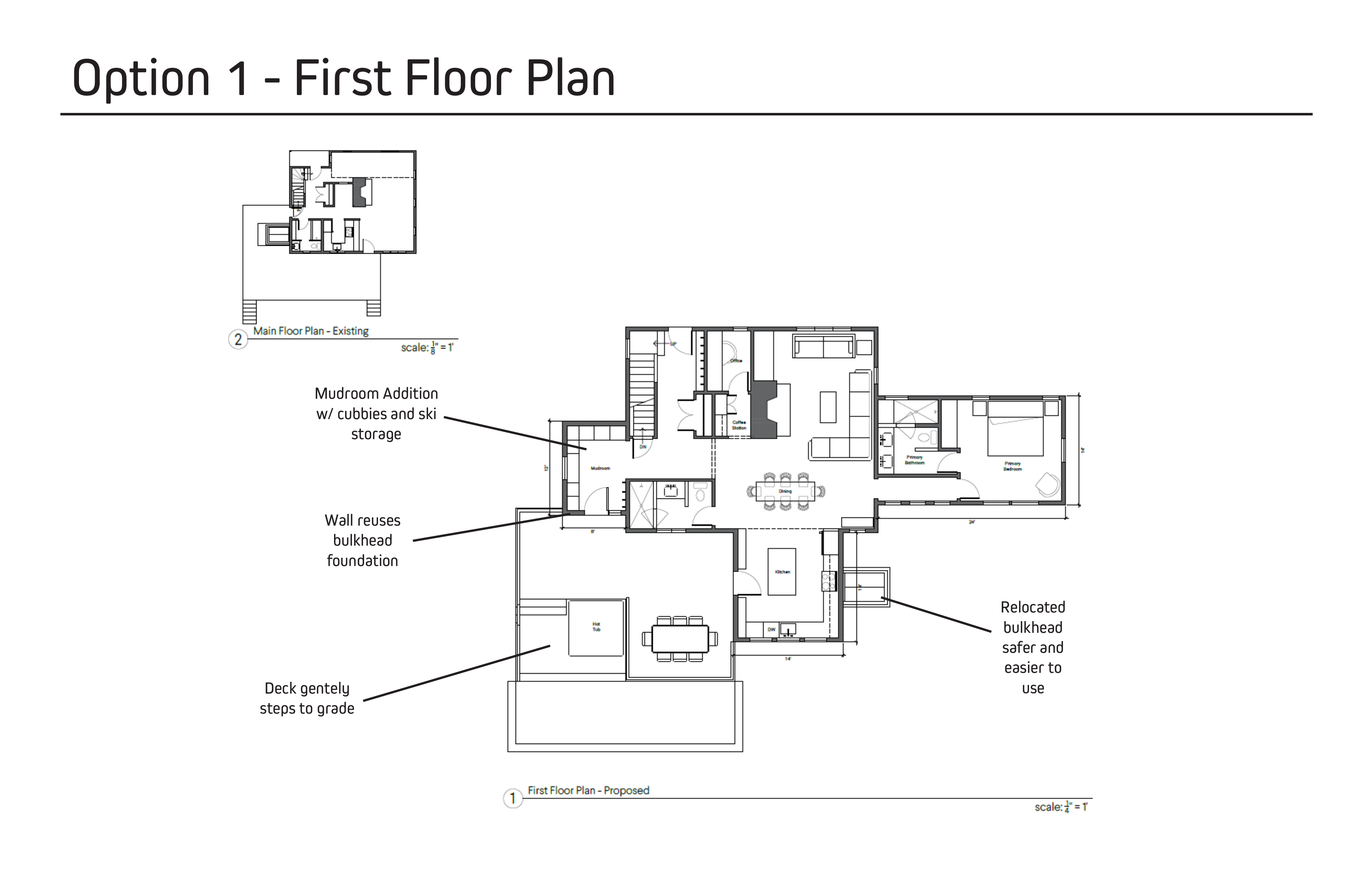 Hudson schematic floor-plan study comparing an existing layout with a proposed mudroom, living spaces and deck.