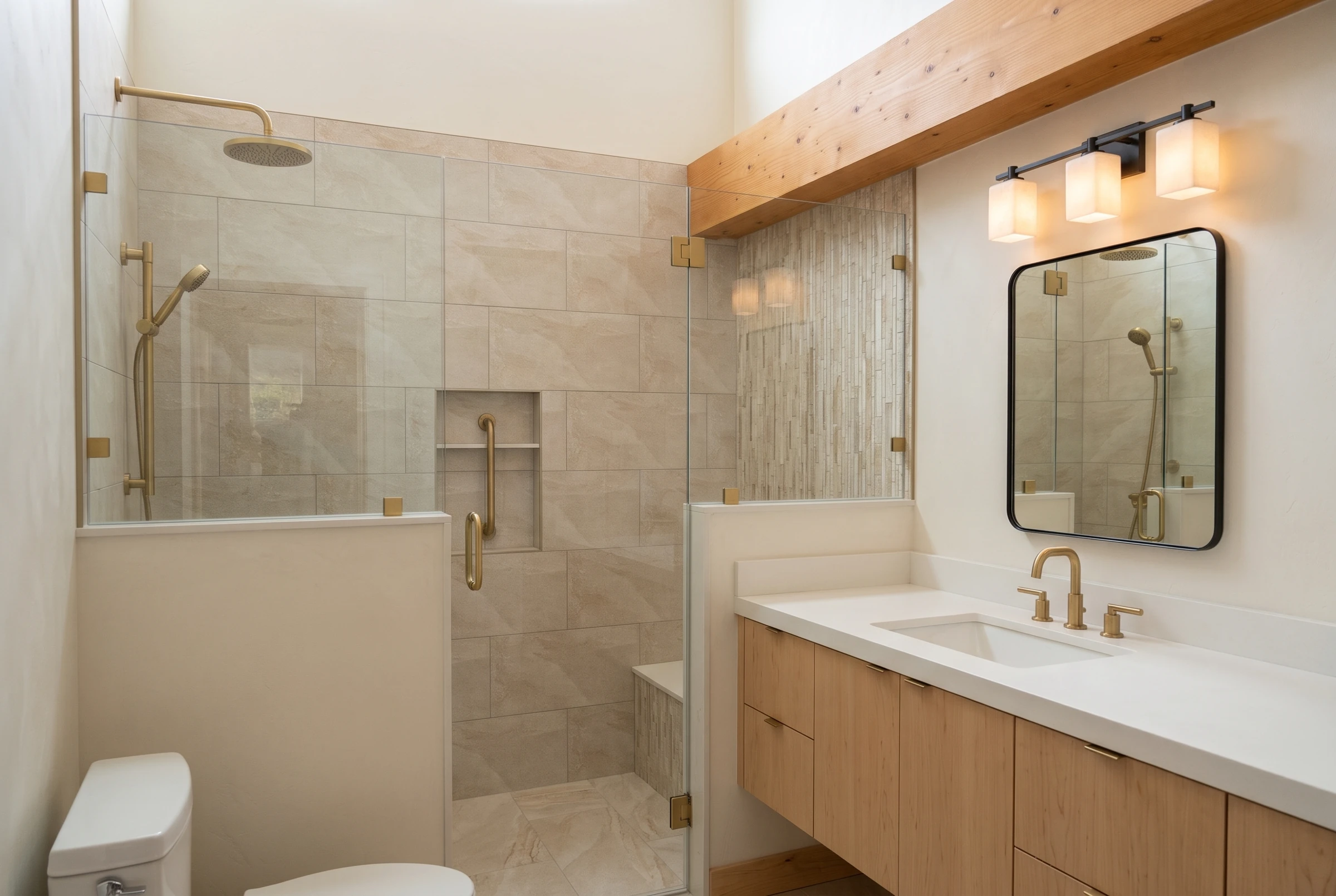 Killington bathroom design rendering showing the tiled shower, glass enclosure, brass fixtures and exposed timber.