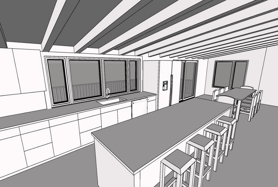 Architectural rendering of a modern kitchen with an island and dining area