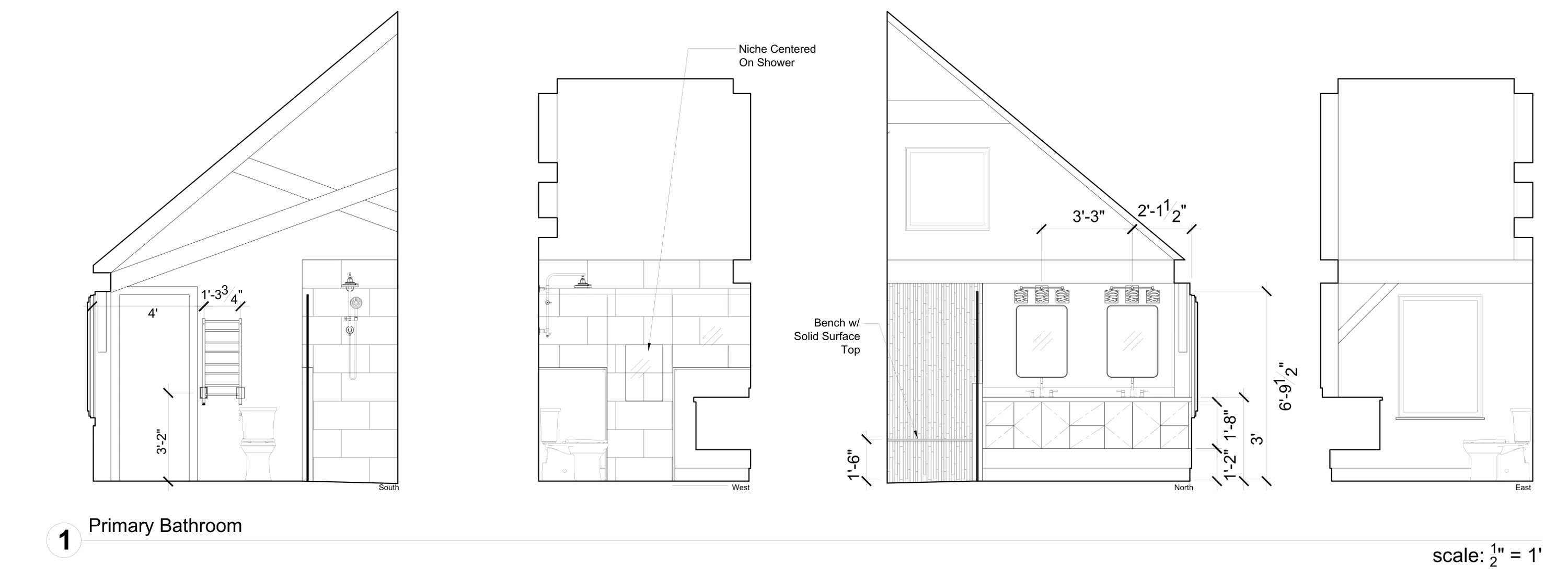 Killington primary bathroom interior elevations showing fixture positions, timber, mirrors, tile layout and dimensions. Design study, not for construction.