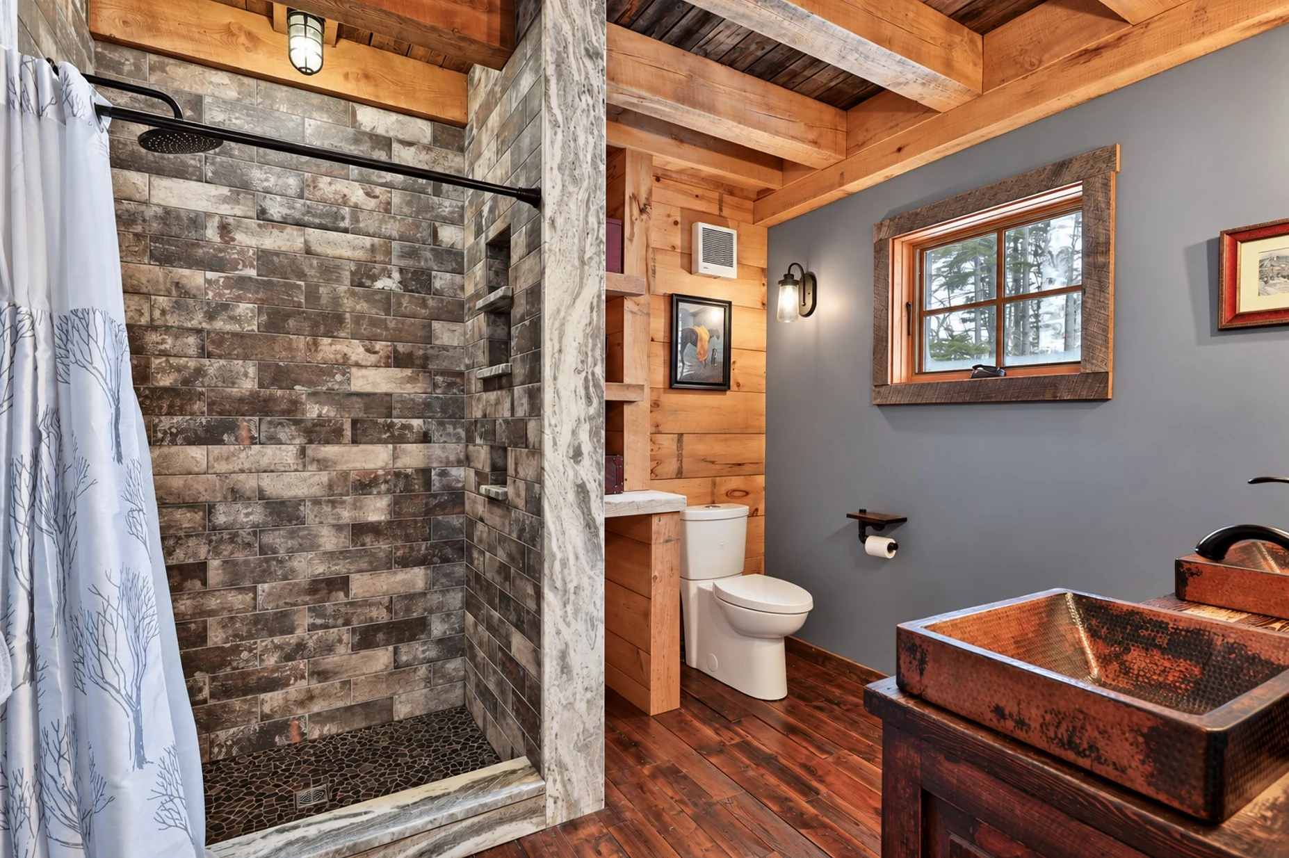 Rustic bathroom with exposed timber beams, wood walls, a copper vessel sink and a stone-tiled shower.