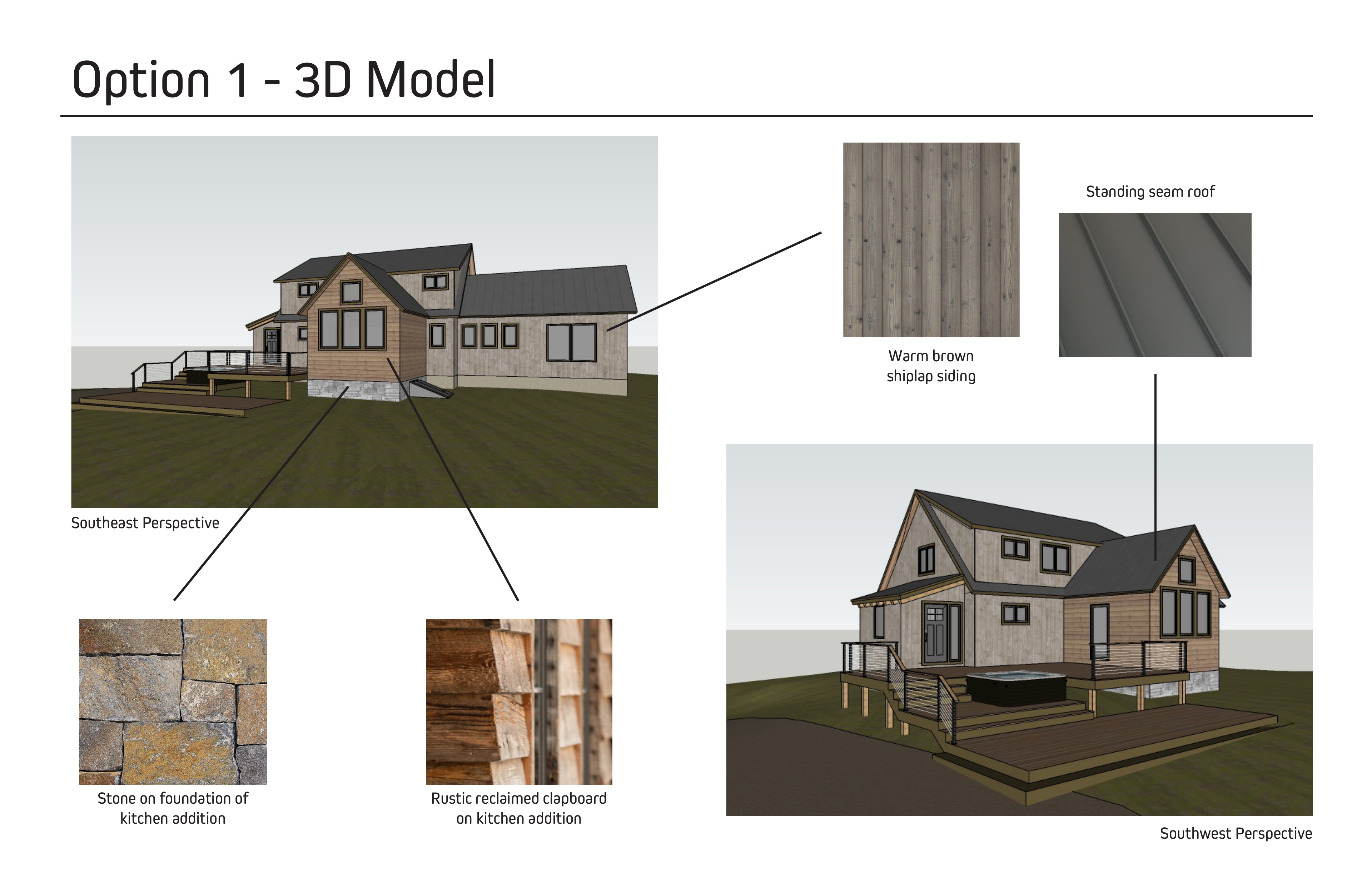 Hudson concept study with two 3D views and notes on siding, roofing and stone materials.